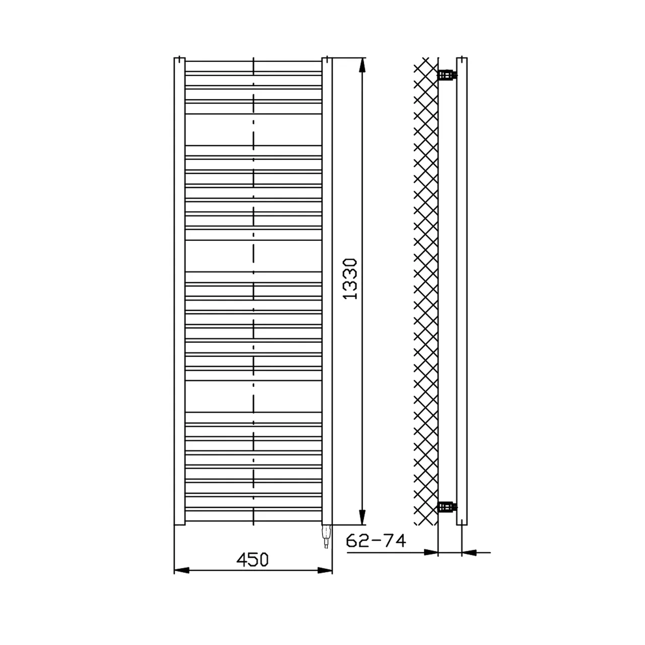 Aqualine TONDI E DE470 T elektricke vykurovacie teleso 450 1330 mm 500 W biele rozmery